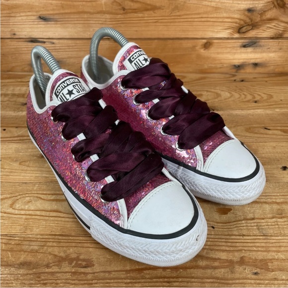 CONVERSE All Star Trainers Size UK 4 Womens Pink Sequin Glitter Lace Up Shoes - Picture 2 of 13